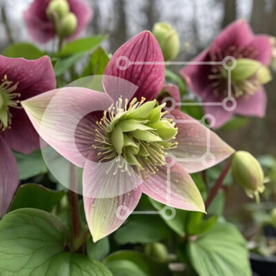 Intra Συλλεκτικό Ξύλινο Παζλ Plywood  4mm - Ροζ και πράσινα λουλούδια Hellebore κοντά στο δάσος Σε Ξύλινο Κουτί - Διαστάσεις: 10x10 cm – 25 κομμάτια - Image 1