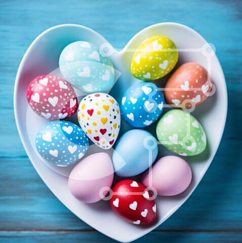 Intra Συλλεκτικό Ξύλινο Παζλ Plywood 4mm - Πολύχρωμα Πασχαλινά αυγά σε μπολ σε σχήμα καρδιάς σε μπλε ξύλινο τραπέζι Σε Ξύλινο Κουτί - Διαστάσεις: 10x10 cm – 25 κομμάτια - Image 1