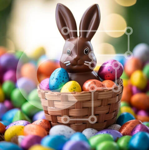 Intra Συλλεκτικό Ξύλινο Παζλ Plywood 4mm - Πολύχρωμα Πασχαλινά αυγά και σοκολατένιο λαγουδάκι στο καλάθι Σε Ξύλινο Κουτί - Διαστάσεις: 10x10 cm – 25 κομμάτια - Image 1