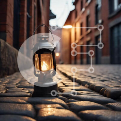 Intra Συλλεκτικό Ξύλινο Παζλ Plywood  4mm - Vintage φανάρι στην Cobblestone Street Σε Ξύλινο Κουτί - Διαστάσεις: 10x10 cm – 25 κομμάτια - Image 1