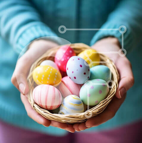 Intra Συλλεκτικό Ξύλινο Παζλ Plywood  4mm - Γυναίκα που κρατά τα ζωηρόχρωμα Πασχαλινά αυγά Σε Ξύλινο Κουτί - Διαστάσεις: 10x10 cm – 25 κομμάτια - Image 1