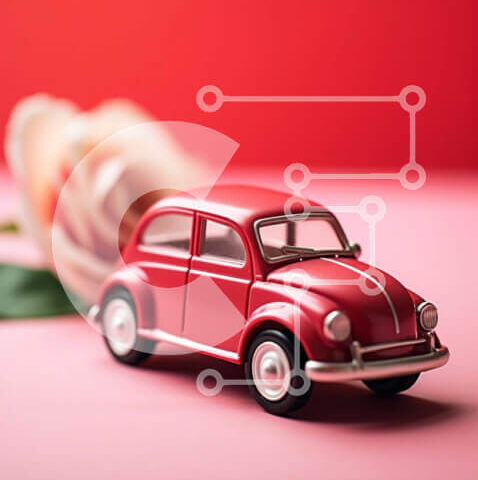 Intra Συλλεκτικό Ξύλινο Παζλ Plywood 4mm - Μικρό κόκκινο παιχνίδι αυτοκίνητο σε ροζ φόντο με τριαντάφυλλα Σε Ξύλινο Κουτί - Διαστάσεις: 10x10 cm – 25 κομμάτια - Image 1