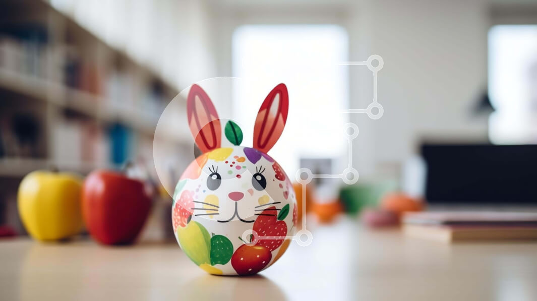 Intra Συλλεκτικό Ξύλινο Παζλ Plywood  4mm - Πολύχρωμο πασχαλινό αυγό λαγουδάκι σε ξύλινο τραπέζι με ράφια Σε Ξύλινο Κουτί - Διαστάσεις Puzzle: 10x10 cm – 25 κομμάτια