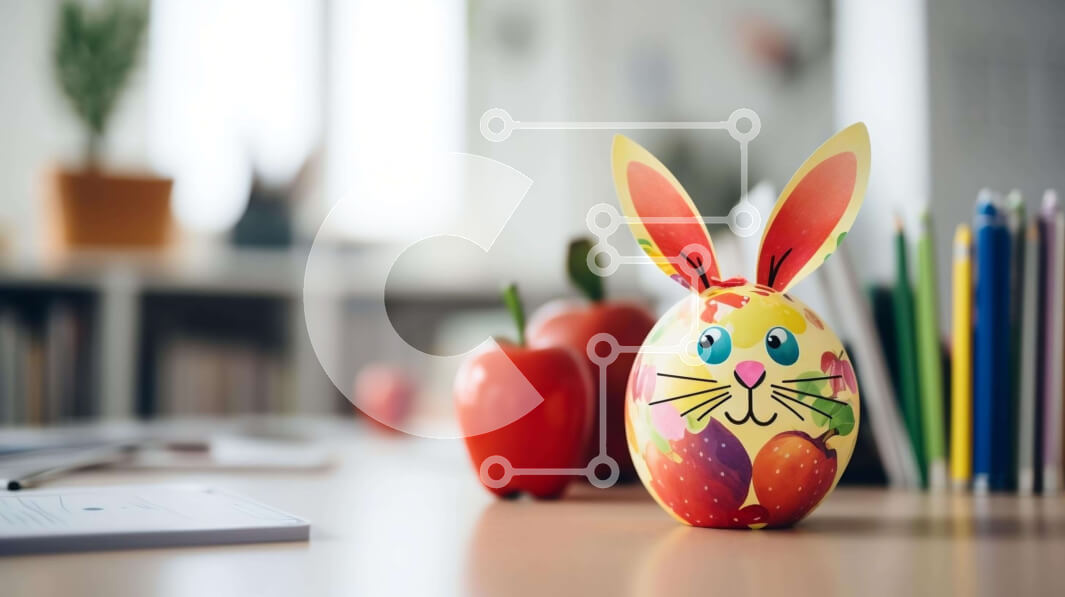 Intra Συλλεκτικό Ξύλινο Παζλ Plywood  4mm - Πολύχρωμο πασχαλινό αυγό λαγουδάκι στο γραφείο με βιβλία και μήλα Σε Ξύλινο Κουτί - Διαστάσεις: 10x10 cm – 25 κομμάτια