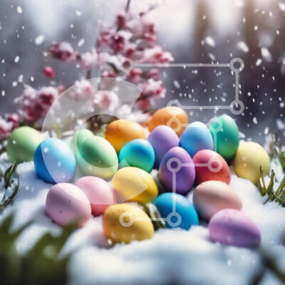 Intra Συλλεκτικό Ξύλινο Παζλ Plywood  4mm - Πολύχρωμα Πασχαλινά αυγά στο χιόνι με ροζ και λευκά λουλούδια Σε Ξύλινο Κουτί - Διαστάσεις: 10x10 cm – 25 κομμάτια - Image 1