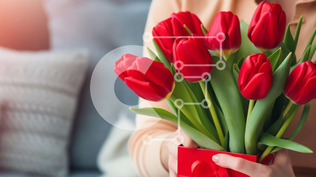 Intra Συλλεκτικό Ξύλινο Παζλ Plywood  4mm - Γυναίκα με κόκκινες τουλίπες σε βάζο για την ημέρα του Αγίου Βαλεντίνου Σε Ξύλινο Κουτί - Διαστάσεις: 10x10 cm – 25 κομμάτια