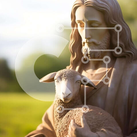 Intra Συλλεκτικό Ξύλινο Παζλ Plywood  4mm - Άγαλμα του Ιησού με το αρνί στο ειδυλλιακό πράσινο πεδίο Σε Ξύλινο Κουτί - Διαστάσεις Puzzle: 10x10 cm – 25 κομμάτια - Image 1