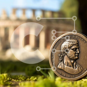 Intra Συλλεκτικό Ξύλινο Παζλ Plywood  4mm - Χάλκινο νόμισμα Ιουλίου Καίσαρα με φόντο αρχαίου κτηρίου Σε Ξύλινο Κουτί - Διαστάσεις Puzzle: 10x10 cm – 25 κομμάτια - Image 1