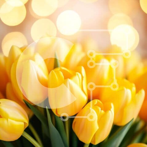 Intra Συλλεκτικό Ξύλινο Παζλ Plywood  4mm - Ζωντανές κίτρινες τουλίπες μπροστά από πολύχρωμα φώτα Bokeh Σε Ξύλινο Κουτί - Διαστάσεις: 10x10 cm – 25 κομμάτια - Image 1