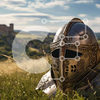 Intra Συλλεκτικό Ξύλινο Παζλ Plywood  4mm - Κράνος μεσαιωνικού στιλ σε γρασίδι με θέα στο Castle Horizon Σε Ξύλινο Κουτί - Διαστάσεις Puzzle: 10x10 cm – 25 κομμάτια - Image 1