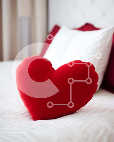 Intra Συλλεκτικό Ξύλινο Παζλ Plywood  4mm - Ημέρα του Αγίου Βαλεντίνου Μαξιλάρι σε σχήμα καρδιάς στο κρεβάτι με κόκκινα και λευκά μαξιλάρια Σε Ξύλινο Κουτί - Διαστάσεις Puzzle: 10x10 cm – 25 κομμάτια