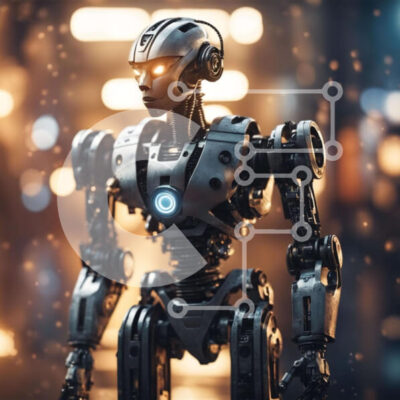 Intra Συλλεκτικό Ξύλινο Παζλ Plywood  4mm - Φουτουριστικό ρομπότ σε αστικό τοπίο με λαμπερά μάτια Σε Ξύλινο Κουτί - Διαστάσεις Puzzle: 10x10 cm – 25 κομμάτια - Image 1