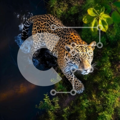 Intra Συλλεκτικό Ξύλινο Παζλ Plywood  4mm - Εναέρια άποψη του Jaguar που περπατά στο νερό κοντά σε δέντρα Σε Ξύλινο Κουτί - Διαστάσεις: 10x10 cm – 25 κομμάτια - Image 1