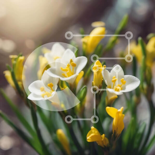 Intra Συλλεκτικό Ξύλινο Παζλ Plywood  4mm - Κοντινό πλάνο λευκών και κίτρινων ανοιξιάτικων λουλουδιών Σε Ξύλινο Κουτί - Διαστάσεις: 10x10 cm – 25 κομμάτια