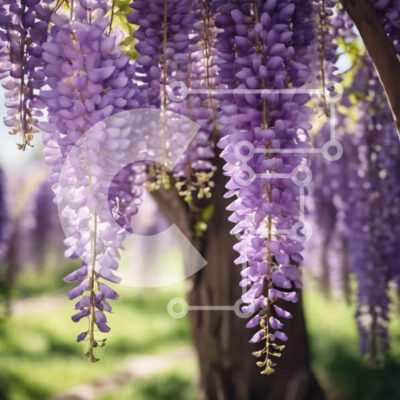 Intra Συλλεκτικό Ξύλινο Παζλ Plywood  4mm - Μωβ λουλούδια Wisteria που κρέμονται από κλαδιά δέντρων Σε Ξύλινο Κουτί - Διαστάσεις: 10x10 cm – 25 κομμάτια - Image 1