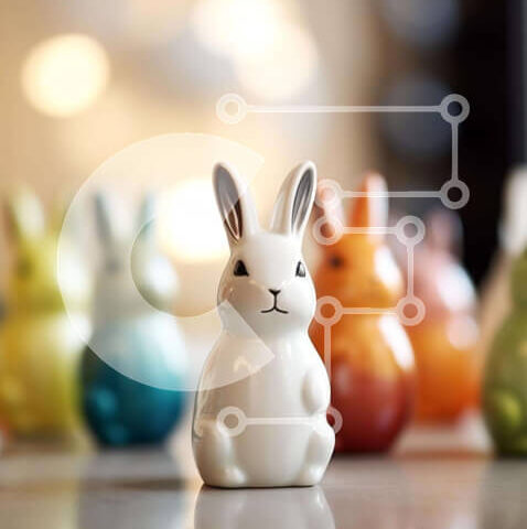 Intra Συλλεκτικό Ξύλινο Παζλ Plywood  4mm - Πολύχρωμα κεραμικά ειδώλια λαγουδάκι στο τραπέζι Σε Ξύλινο Κουτί - Διαστάσεις Puzzle: 10x10 cm – 25 κομμάτια - Image 1