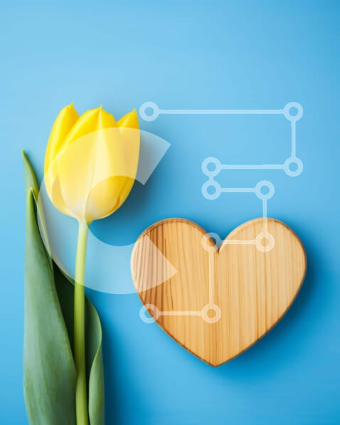 Intra Συλλεκτικό Ξύλινο Παζλ Plywood  4mm - Κίτρινη τουλίπα και ξύλινη καρδιά σε μπλε φόντο Σε Ξύλινο Κουτί - Διαστάσεις: 10x10 cm – 25 κομμάτια