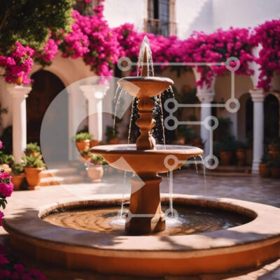 Intra Συλλεκτικό Ξύλινο Παζλ Plywood  4mm - Υπαίθριο συντριβάνι αυλής με ροζ λουλούδια Σε Ξύλινο Κουτί - Διαστάσεις Puzzle: 10x10 cm – 25 κομμάτια - Image 1