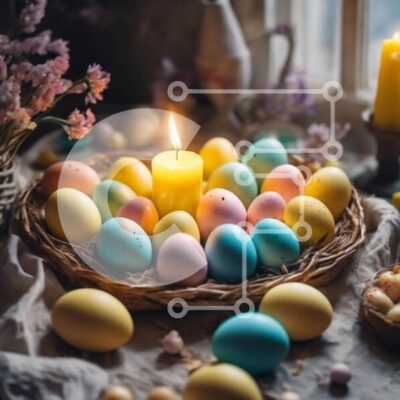 Intra Συλλεκτικό Ξύλινο Παζλ Plywood  4mm - Πολύχρωμα Πασχαλινά αυγά, κεριά και λουλούδια σε ένα καλάθι Σε Ξύλινο Κουτί - Διαστάσεις: 10x10 cm – 25 κομμάτια - Image 1