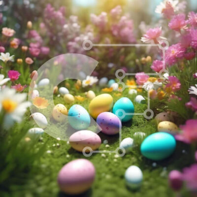 Intra Συλλεκτικό Ξύλινο Παζλ Plywood  4mm - Πολύχρωμα Πασχαλινά αυγά σε πράσινο γρασίδι με λουλούδια και πεταλούδες Σε Ξύλινο Κουτί - Διαστάσεις: 10x10 cm – 25 κομμάτια - Image 1