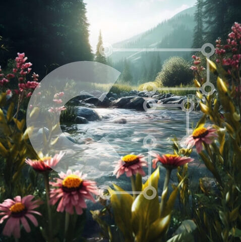 Intra Συλλεκτικό Ξύλινο Παζλ Plywood  4mm - Γραφική θέα ενός ποταμού και των ροζ αγριολούλουδων σε μια ορεινή κοιλάδα Σε Ξύλινο Κουτί - Διαστάσεις: 10x10 cm – 25 κομμάτια - Image 1