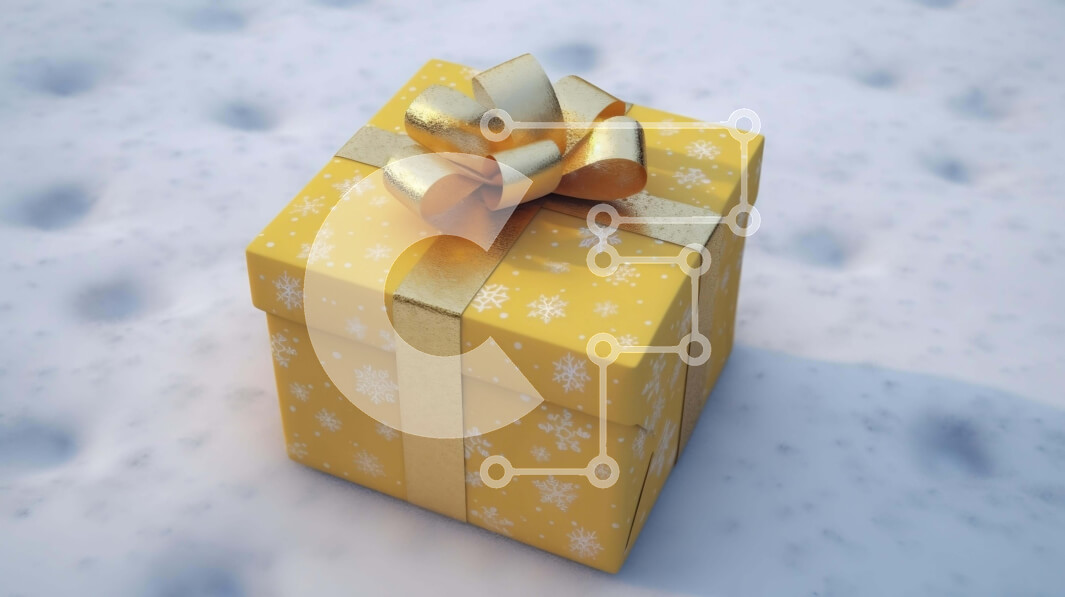 Intra Συλλεκτικό Ξύλινο Παζλ Plywood  4mm - Κίτρινο κουτί δώρου με κορδέλες σε φόντο νιφάδες χιονιού Σε Ξύλινο Κουτί - Διαστάσεις: 10x10 cm – 25 κομμάτια