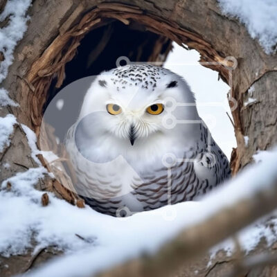 Intra Συλλεκτικό Ξύλινο Παζλ Plywood  4mm - Χιονώδης κουκουβάγια σκαρφαλωμένη σε ένα κοίλο δέντρου ﾖ Φωτογραφία Αρχείου Σε Ξύλινο Κουτί - Διαστάσεις: 10x10 cm – 25 κομμάτια - Image 1