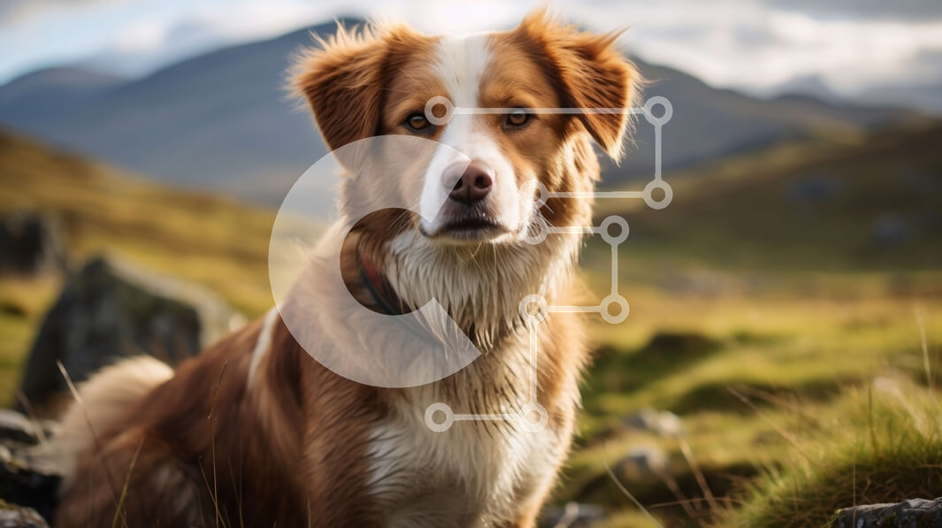 Intra Συλλεκτικό Ξύλινο Παζλ Plywood  4mm - Καφέ και λευκό σκυλί που κάθεται σε βραχώδες έδαφος με βουνά στο φόντο Σε Ξύλινο Κουτί - Διαστάσεις: 10x10 cm – 25 κομμάτια