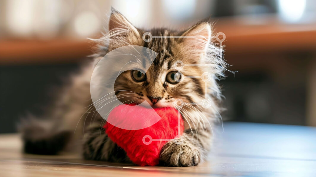 Intra Συλλεκτικό Ξύλινο Παζλ Plywood  4mm - Περίεργη γάτα που παίζει με κόκκινο γεμιστό παιχνίδι σε σχήμα καρδιάς Σε Ξύλινο Κουτί - Διαστάσεις: 10x10 cm – 25 κομμάτια