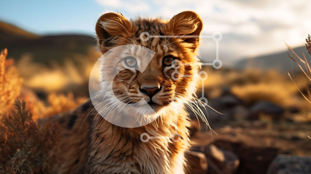 Intra Συλλεκτικό Ξύλινο Παζλ Plywood  4mm - Νεαρό λιοντάρι που στέκεται στο βραχώδες έδαφος με τα βουνά και τα σύννεφα Σε Ξύλινο Κουτί - Διαστάσεις: 10x10 cm – 25 κομμάτια