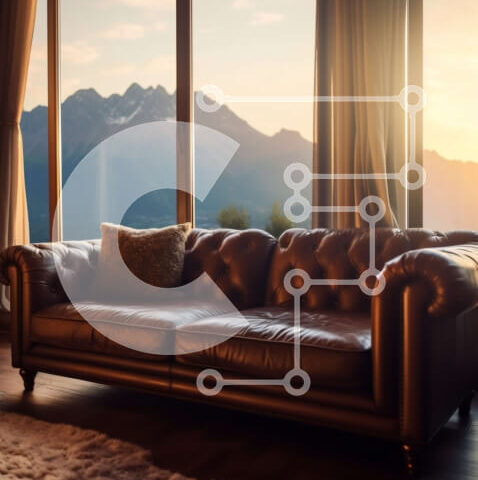 Intra Συλλεκτικό Ξύλινο Παζλ Plywood  4mm - Εκπληκτική θέα του δερμάτινου καναπέ και των βουνών στο ηλιοβασίλεμα Σε Ξύλινο Κουτί - Διαστάσεις Puzzle: 10x10 cm – 25 κομμάτια - Image 1