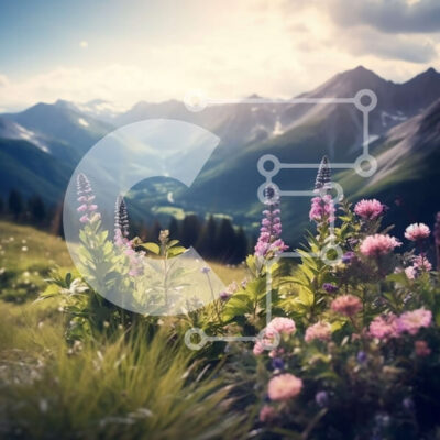 Intra Συλλεκτικό Ξύλινο Παζλ Plywood  4mm - Εκπληκτικό ορεινό τοπίο με μωβ αγριολούλουδα και χιονισμένα βουνά Σε Ξύλινο Κουτί - Διαστάσεις: 10x10 cm – 25 κομμάτια - Image 1