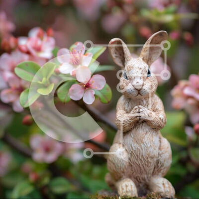 Intra Συλλεκτικό Ξύλινο Παζλ Plywood  4mm - Άγαλμα κουνελιού μπροστά από ροζ λουλούδια Σε Ξύλινο Κουτί - Διαστάσεις Puzzle: 10x10 cm – 25 κομμάτια - Image 1