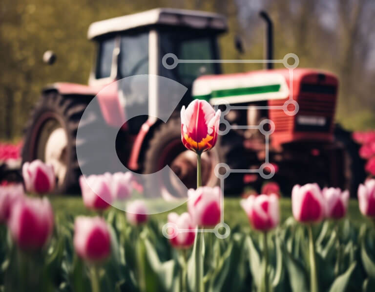 Intra Συλλεκτικό Ξύλινο Παζλ Plywood  4mm - Κόκκινο τρακτέρ με ροζ τουλίπες στο χωράφι Σε Ξύλινο Κουτί - Διαστάσεις: 10x10 cm – 25 κομμάτια