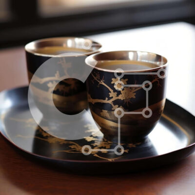 Intra Συλλεκτικό Ξύλινο Παζλ Plywood  4mm - Κομψές μαύρες κούπες με χρυσά σχέδια σε δίσκο Σε Ξύλινο Κουτί - Διαστάσεις: 10x10 cm – 25 κομμάτια - Image 1