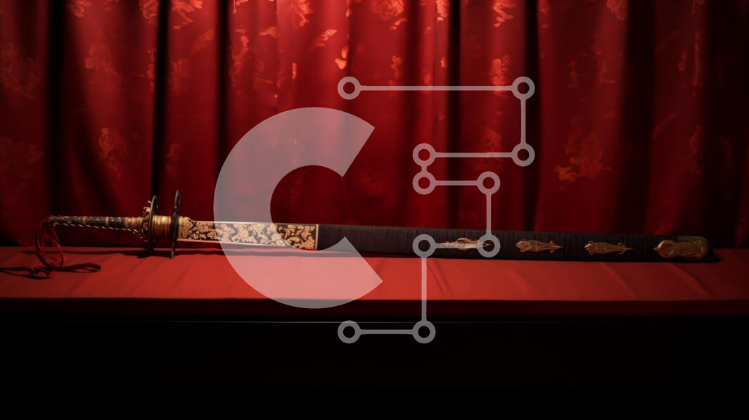 Intra Συλλεκτικό Ξύλινο Παζλ Plywood  4mm - Σπαθί ασιατικού στιλ που εμφανίζεται στην κόκκινη κουρτίνα Σε Ξύλινο Κουτί - Διαστάσεις: 10x10 cm – 25 κομμάτια