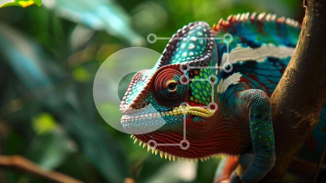 Intra Συλλεκτικό Ξύλινο Παζλ Plywood  4mm - Κοντινό πλάνο ενός πολύχρωμου χαμαιλέοντα που στηρίζεται σε ένα κλαδί βελανιδιάς Σε Ξύλινο Κουτί - Διαστάσεις: 10x10 cm – 25 κομμάτια