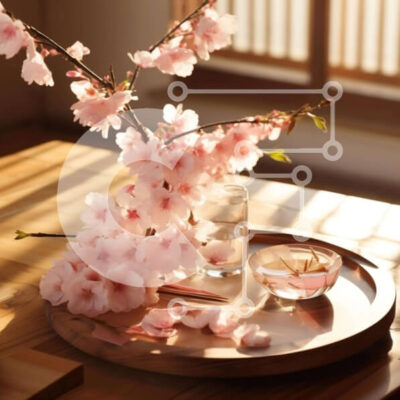 Intra Συλλεκτικό Ξύλινο Παζλ Plywood  4mm - Ροζ άνθη κερασιάς σύνθεση σε ξύλινο δίσκο Σε Ξύλινο Κουτί - Διαστάσεις: 10x10 cm – 25 κομμάτια - Image 1