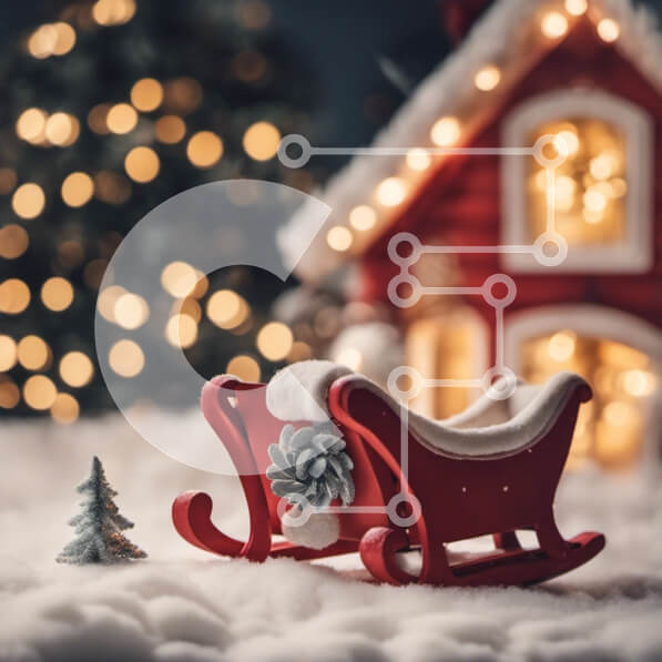 Intra Συλλεκτικό Ξύλινο Παζλ Plywood  4mm - Κόκκινο έλκηθρο στο χιόνι με το χριστουγεννιάτικο δέντρο και το σπίτι Σε Ξύλινο Κουτί - Διαστάσεις: 10x10 cm – 25 κομμάτια