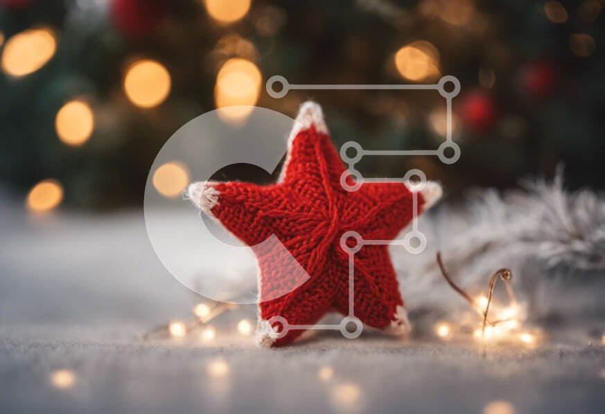 Intra Συλλεκτικό Ξύλινο Παζλ Plywood  4mm - Πλεκτό στολίδι σε σχήμα κόκκινου αστεριού μπροστά από το φωτισμένο χριστουγεννιάτικο δέντρο Σε Ξύλινο Κουτί - Διαστάσεις: 10x10 cm – 25 κομμάτια