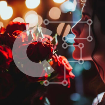 Intra Συλλεκτικό Ξύλινο Παζλ Plywood  4mm - Ρομαντική γυναίκα με κόκκινα τριαντάφυλλα μπροστά από φωτισμένο φόντο Σε Ξύλινο Κουτί - Διαστάσεις Puzzle: 10x10 cm – 25 κομμάτια - Image 1