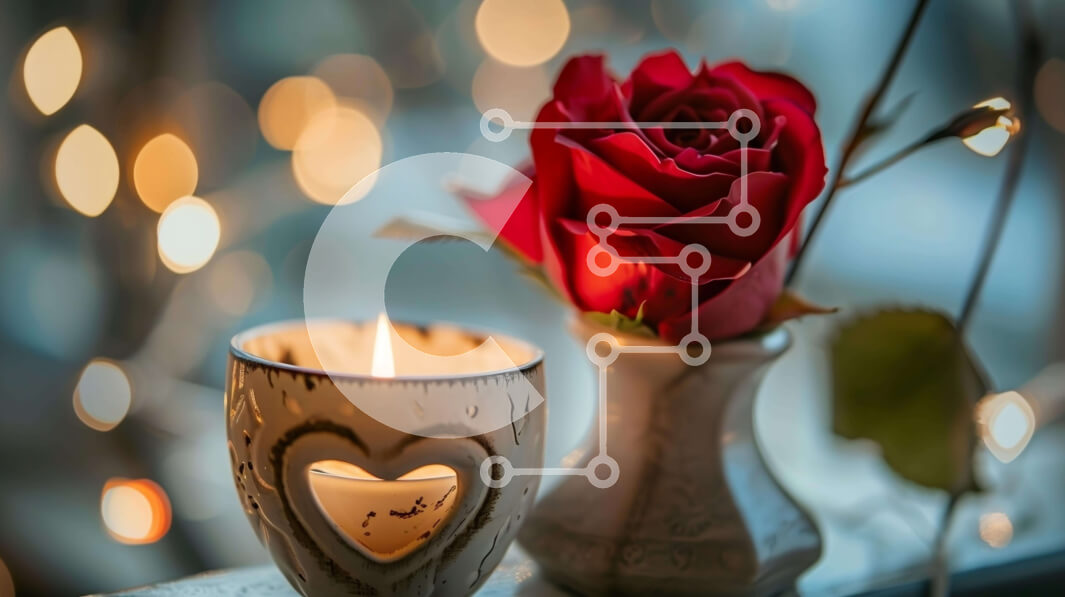 Intra Συλλεκτικό Ξύλινο Παζλ Plywood  4mm - Κόκκινο τριαντάφυλλο και κερί στο περβάζι παραθύρου με πολύχρωμα φώτα Σε Ξύλινο Κουτί - Διαστάσεις Puzzle: 10x10 cm – 25 κομμάτια