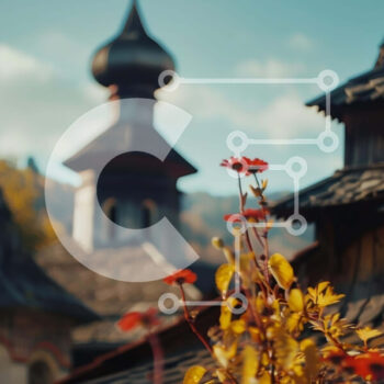 Intra Συλλεκτικό Ξύλινο Παζλ Plywood  4mm - Παλιά ξύλινα κτίρια σε ένα μεσαιωνικό χωριό με κόκκινα λουλούδια Σε Ξύλινο Κουτί - Διαστάσεις Puzzle: 10x10 cm – 25 κομμάτια - Image 1