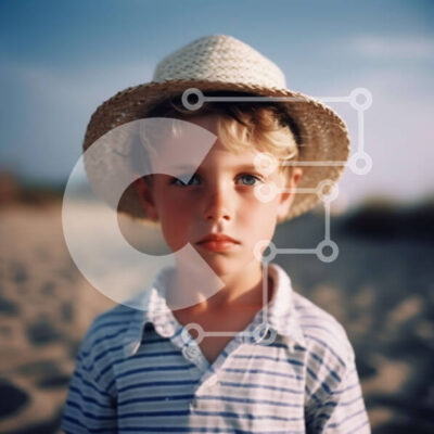 Intra Συλλεκτικό Ξύλινο Παζλ Plywood  4mm - Νεαρό αγόρι στην παραλία που φοράει ψάθινο καπέλο κοιτάζοντας από απόσταση Σε Ξύλινο Κουτί - Διαστάσεις Puzzle: 10x10 cm – 25 κομμάτια - Image 1