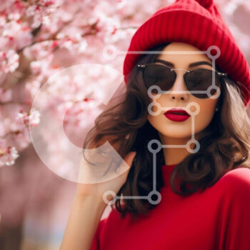 Intra Συλλεκτικό Ξύλινο Παζλ Plywood  4mm - Γυναίκα με κόκκινο μπερέ και γυαλιά ηλίου στο Cherry Blossom Garden Σε Ξύλινο Κουτί - Διαστάσεις Puzzle: 10x10 cm – 25 κομμάτια - Image 1