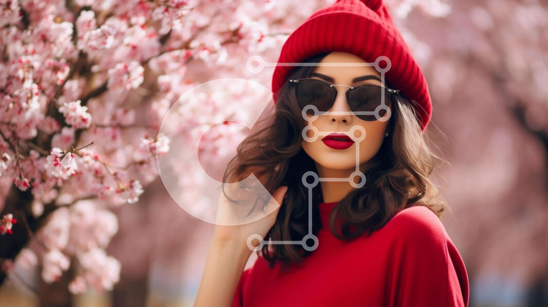 Intra Συλλεκτικό Ξύλινο Παζλ Plywood  4mm - Γυναίκα με κόκκινο μπερέ και γυαλιά ηλίου στο Cherry Blossom Garden Σε Ξύλινο Κουτί - Διαστάσεις Puzzle: 10x10 cm – 25 κομμάτια