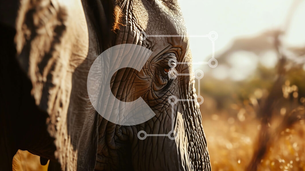 Intra Συλλεκτικό Ξύλινο Παζλ Plywood  4mm - Κοντινό πλάνο του προσώπου ενός ελέφαντα σε ένα χορταριασμένο χωράφι Σε Ξύλινο Κουτί - Διαστάσεις: 10x10 cm – 25 κομμάτια