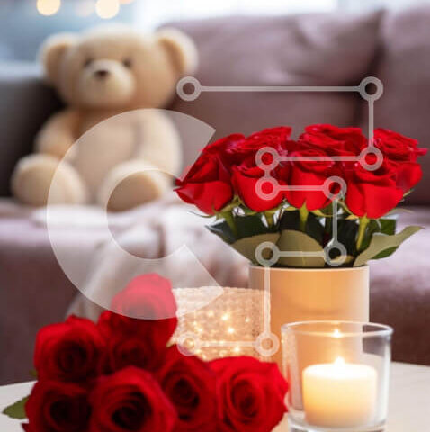 Intra Συλλεκτικό Ξύλινο Παζλ Plywood  4mm - Ρομαντικό σκηνικό τραπεζιού σαλονιού με κόκκινα τριαντάφυλλα και αρκουδάκι Σε Ξύλινο Κουτί - Διαστάσεις Puzzle: 10x10 cm – 25 κομμάτια - Image 1