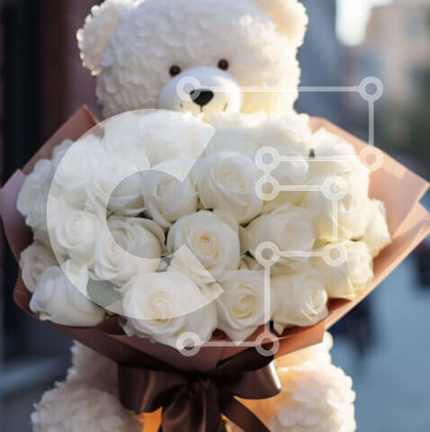 Intra Συλλεκτικό Ξύλινο Παζλ Plywood 4mm - Μεγάλο λευκό αρκουδάκι που κρατά λευκά τριαντάφυλλα Σε Ξύλινο Κουτί - Διαστάσεις Puzzle: 10x10 cm – 25 κομμάτια - Image 1