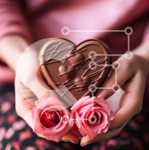 Intra Συλλεκτικό Ξύλινο Παζλ Plywood 4mm - Δύο γυναίκες κρατούν μπάρα σοκολάτας σε σχήμα καρδιάς και τριαντάφυλλα Σε Ξύλινο Κουτί - Διαστάσεις Puzzle: 10x10 cm – 25 κομμάτια - Image 1